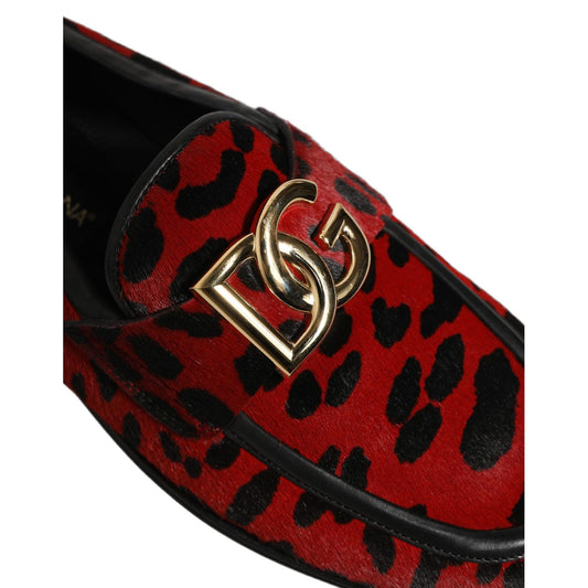 Dolce & Gabbana Red Leopard Print Pony Hair Dress Loafers Shoes
