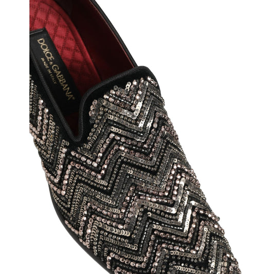 Dolce & Gabbana Black Velvet Floral Embellished Loafers Shoes