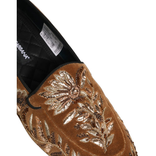 Dolce & Gabbana Brown Velvet Floral Embroidery Loafers Shoes