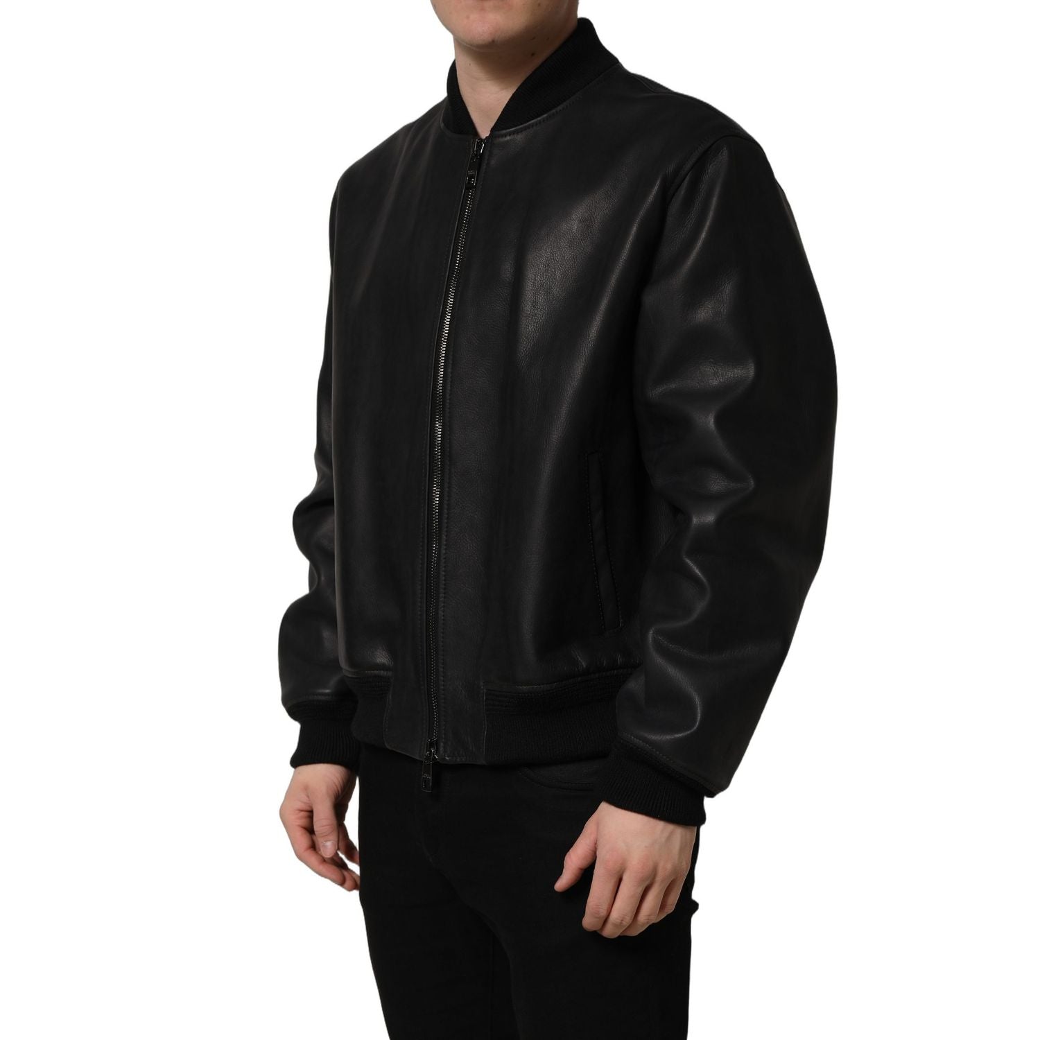 Dolce & Gabbana Black Leather Full Zip Men Biker Jacket