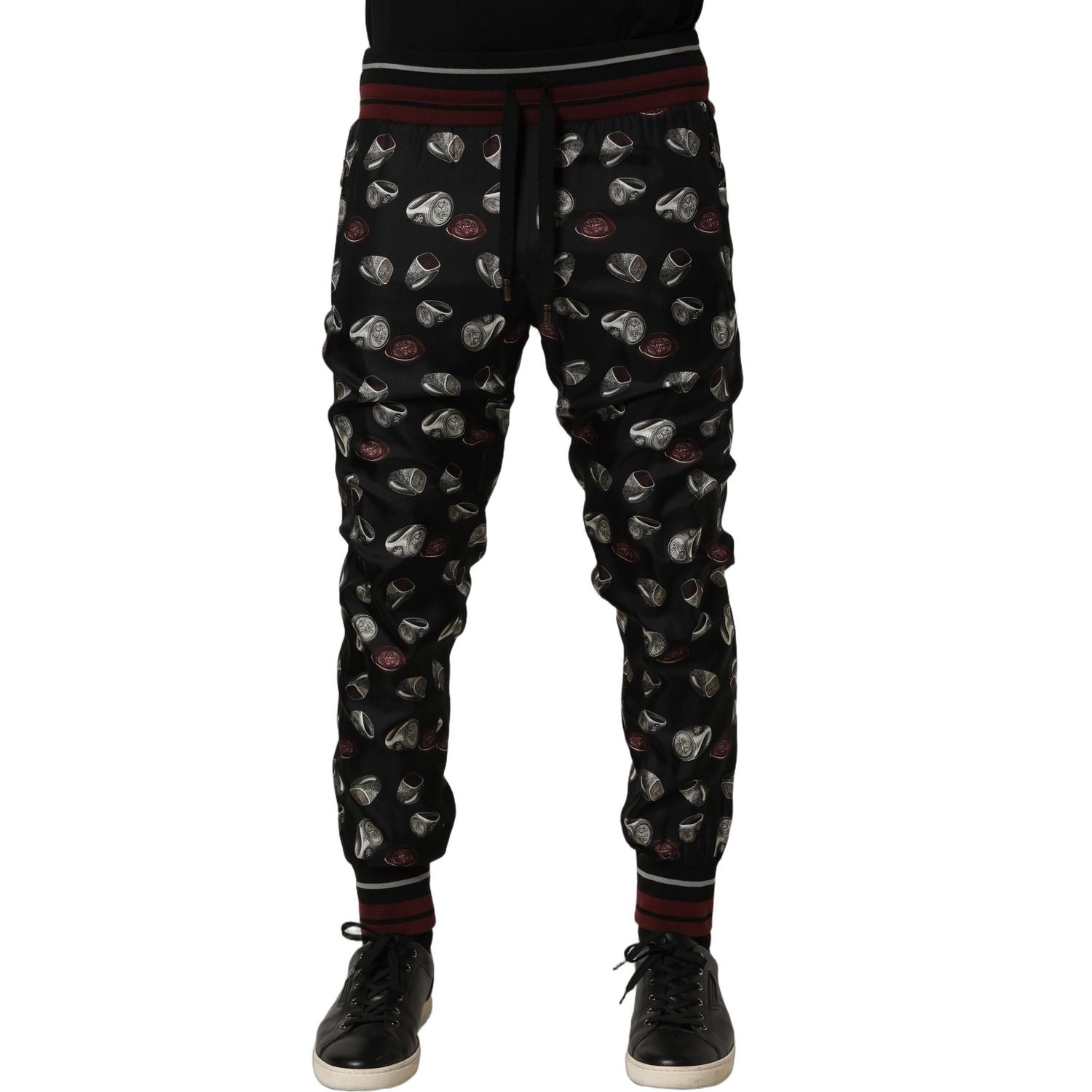Dolce & Gabbana Pants Black Ring Print Silk Jogging Trousers