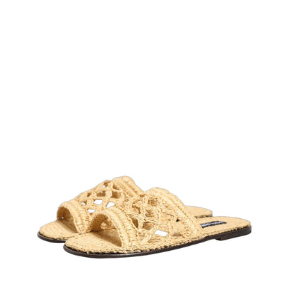 Dolce & Gabbana Beige Straw Raffia Slides Sandals Flats Shoes