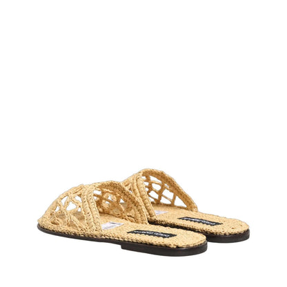 Dolce & Gabbana Beige Straw Raffia Slides Sandals Flats Shoes