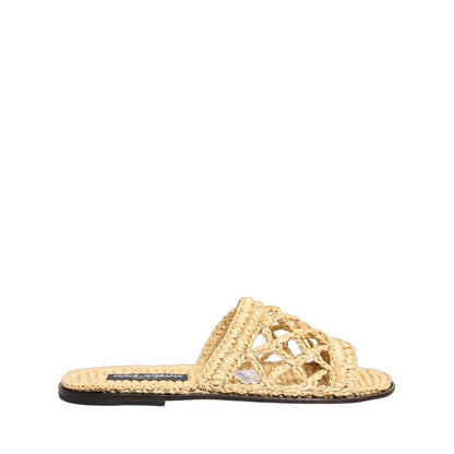 Dolce & Gabbana Beige Straw Raffia Slides Sandals Flats Shoes