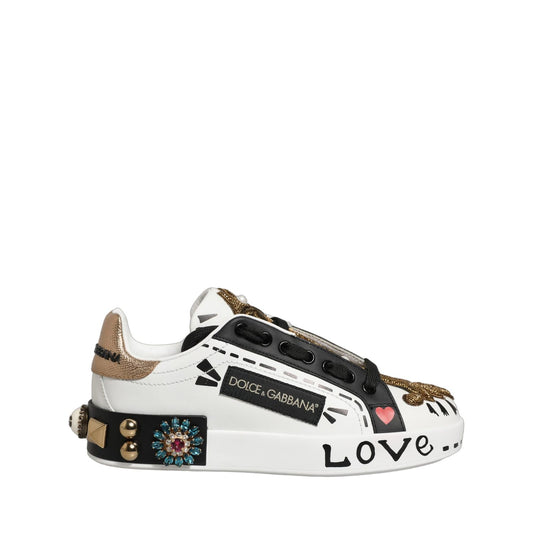 Dolce & Gabbana White Gold Studded Portofino Sneakers Shoes