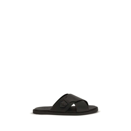 Fendi Black Calf Leather Bos Taurus Flat Sandals