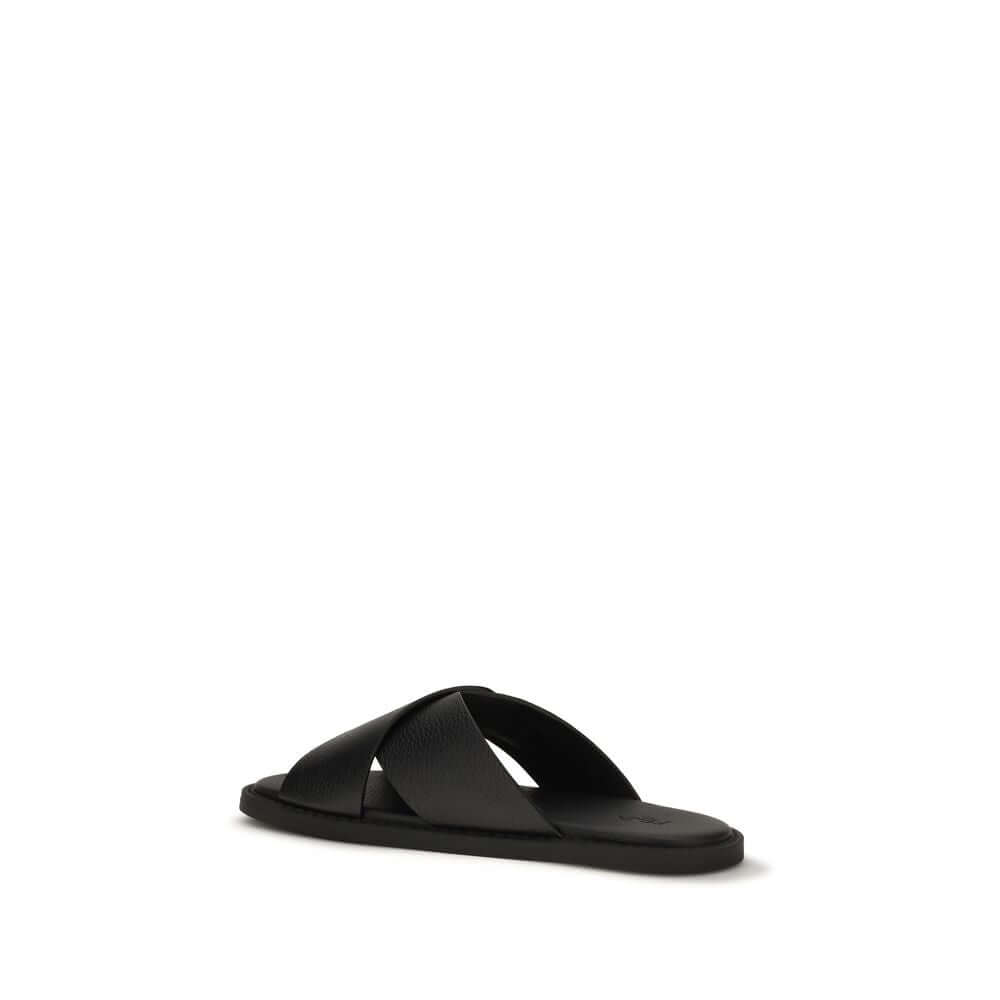 Fendi Black Calf Leather Bos Taurus Flat Sandals