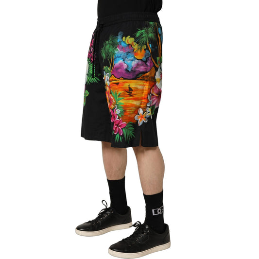 Dolce & Gabbana Black Cotton Tropical Floral Bermuda Shorts