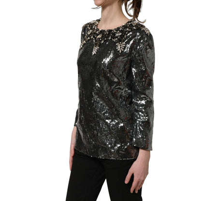 Dolce & Gabbana Metallic Gray Sequin Embellished Blouse Top