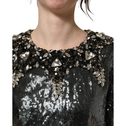 Dolce & Gabbana Metallic Gray Sequin Embellished Blouse Top