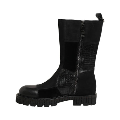 Dolce & Gabbana Black Patchwork Leather Mid Calf Boots Shoes