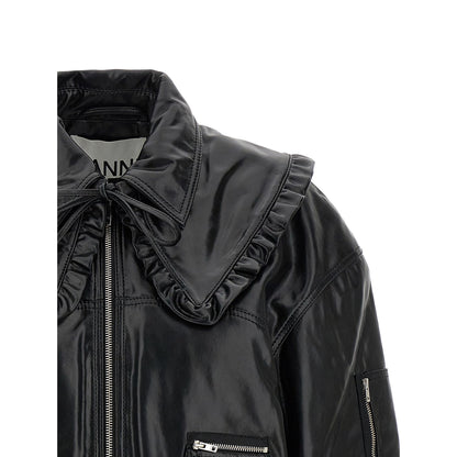 Ganni Black Leather Bomber