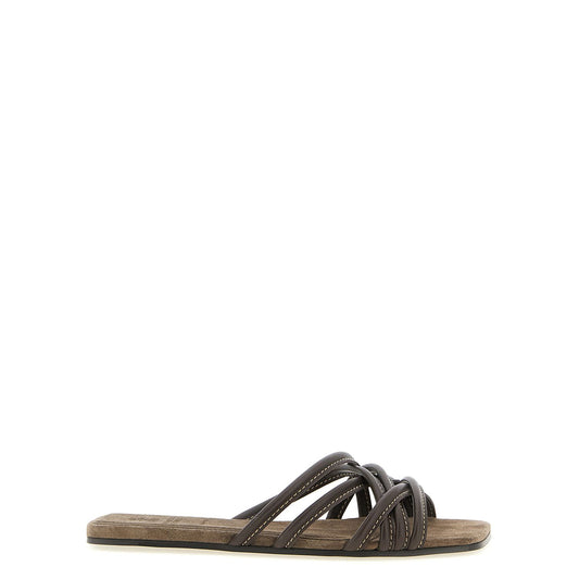 Brunello Cucinelli Brown Lamb Leather Slides