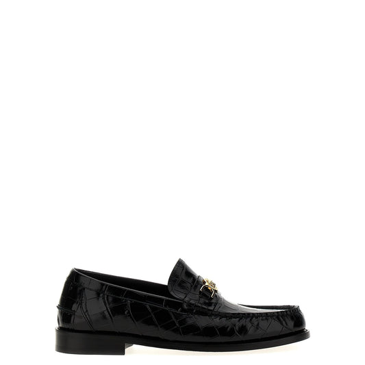Versace Black Velvet Leather Slip-On Loafers