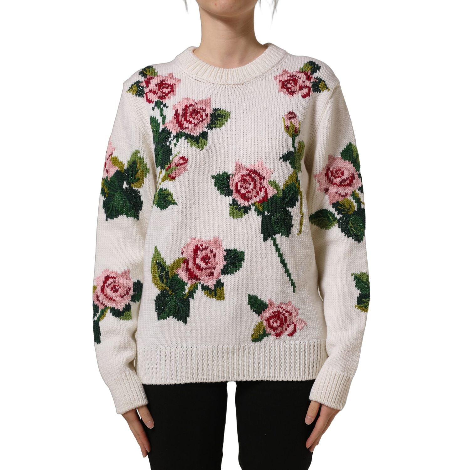 Dolce & Gabbana White Wool Floral Crew Neck Pullover Sweater