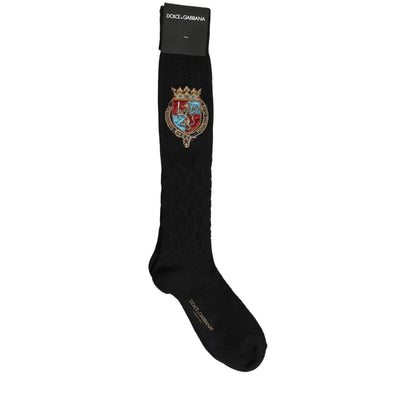 Dolce & Gabbana Men Black Wool Crest Logo Knee High Accessory Socks