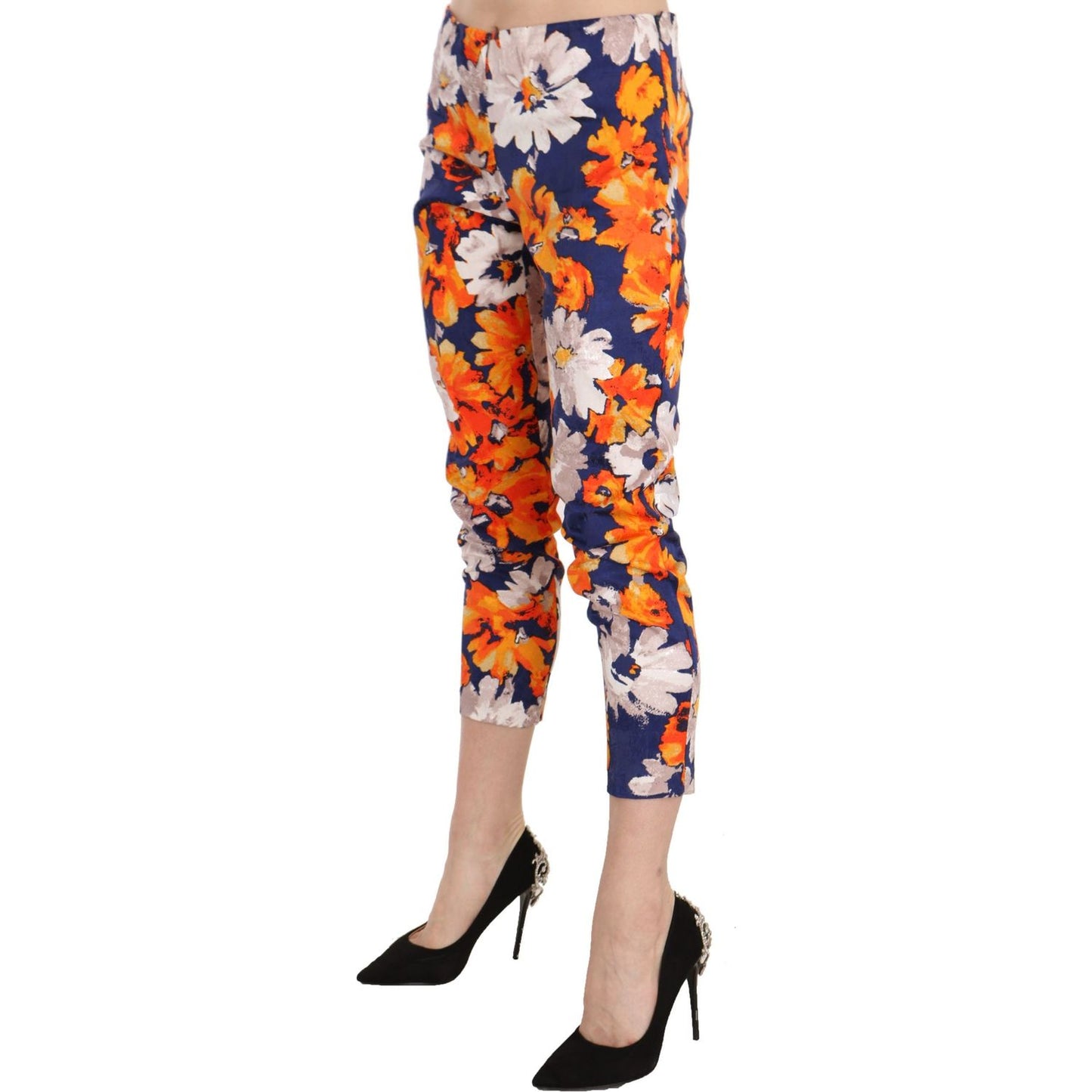 LANACAPRINA Blue Floral Print Skinny Slim Fit Trousers Pants LANACAPRINA