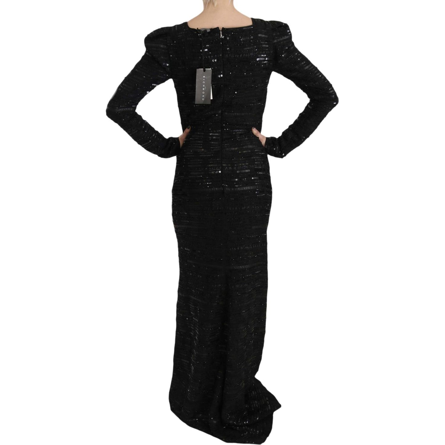 John Richmond Black Silk Full Length Sequined Gown Dress