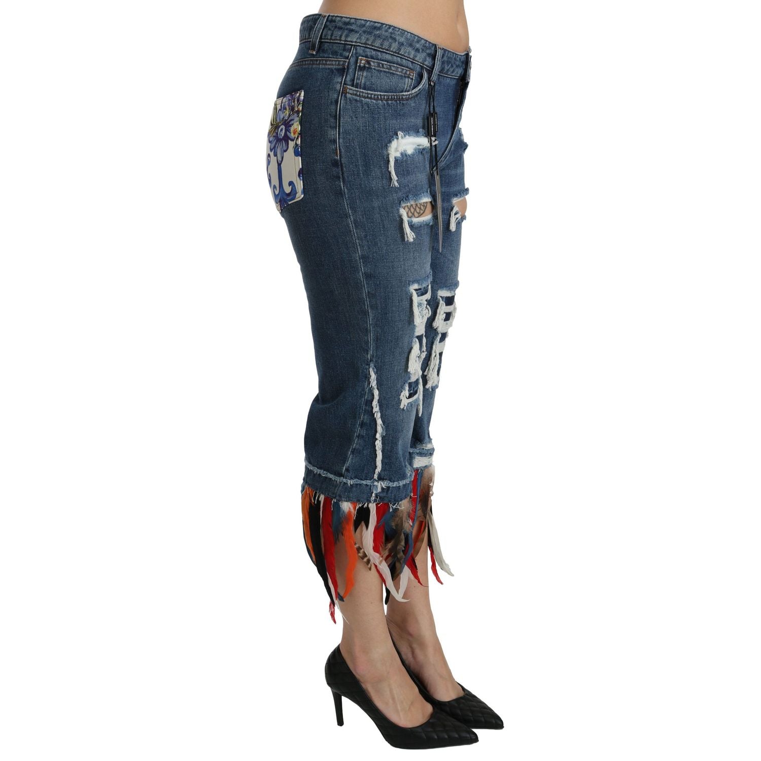 Dolce & Gabbana Blue Feathers Low Waist Cropped Cotton Jeans