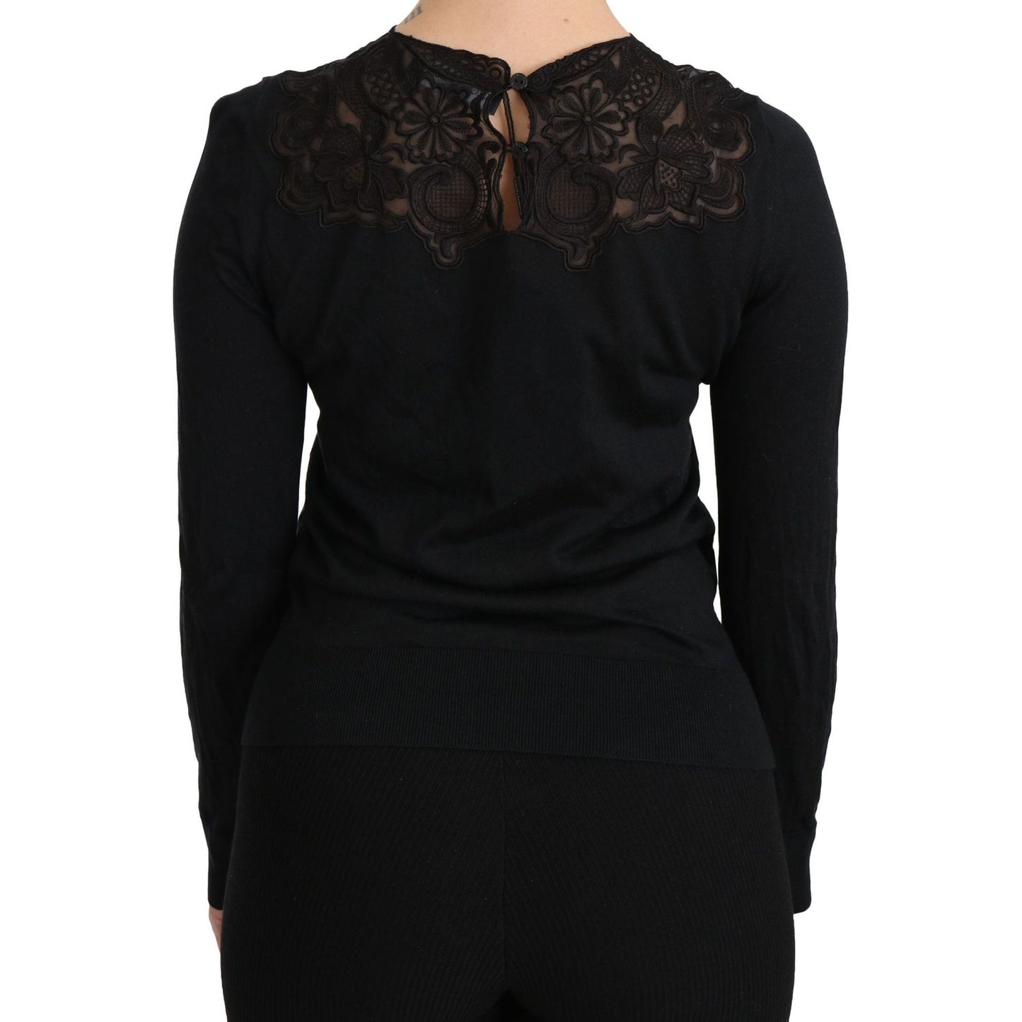 Dolce & Gabbana Black Silk Lace Crew Neck Long Sleeve Blouse