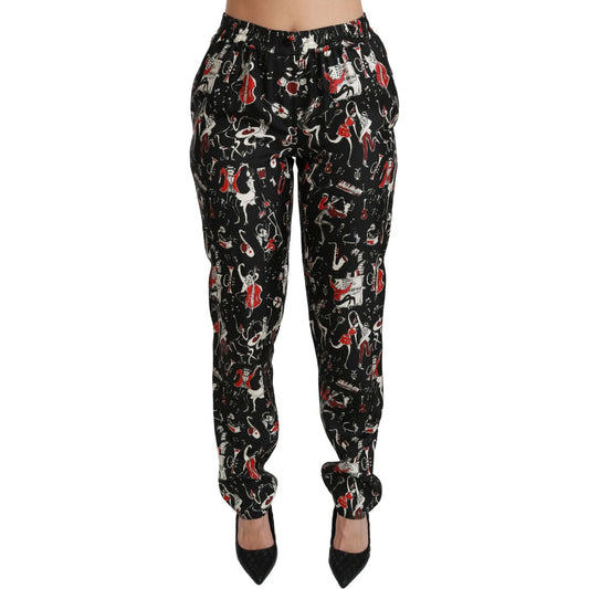 Dolce & Gabbana Black Silk Instrument Mid Waist Pants Jeans & Pants