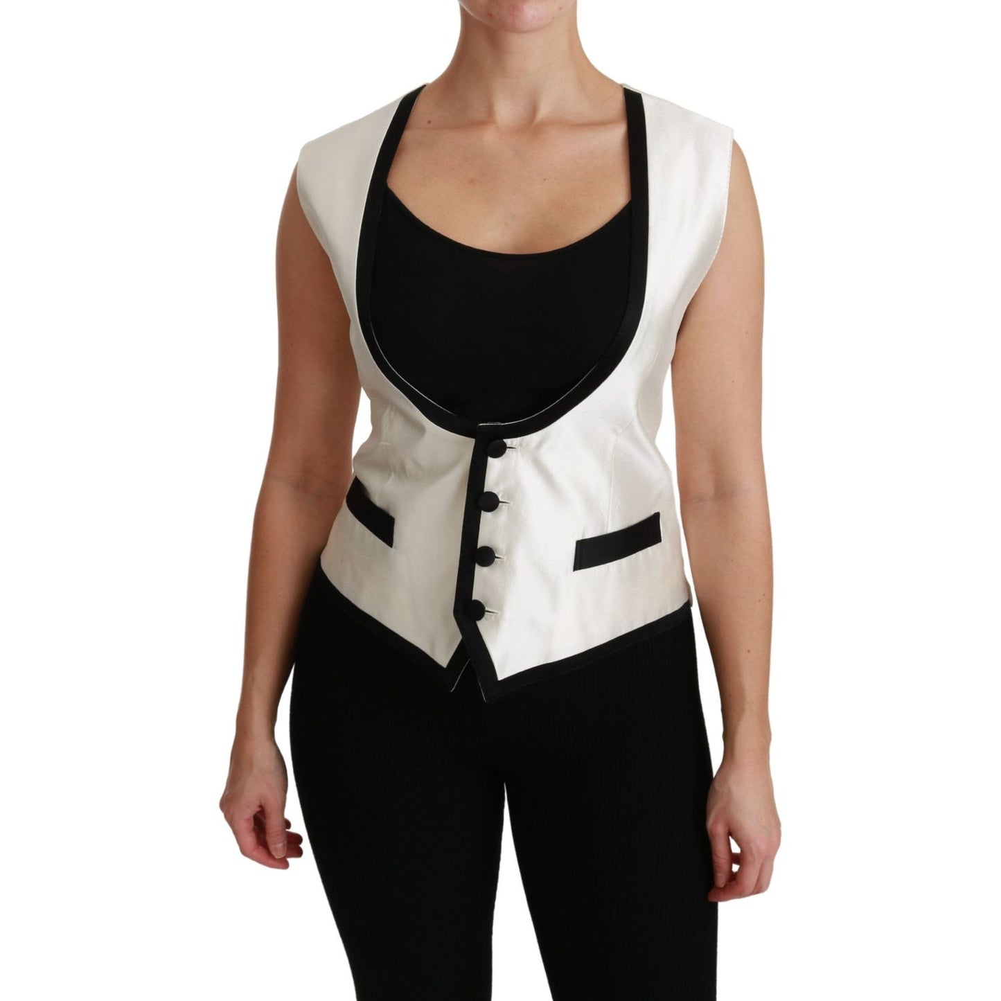 Dolce & Gabbana White Waistcoat Slim Vest Silk Top