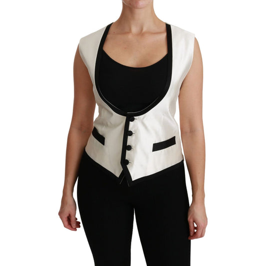 Dolce & Gabbana White Waistcoat Slim Vest Silk Top