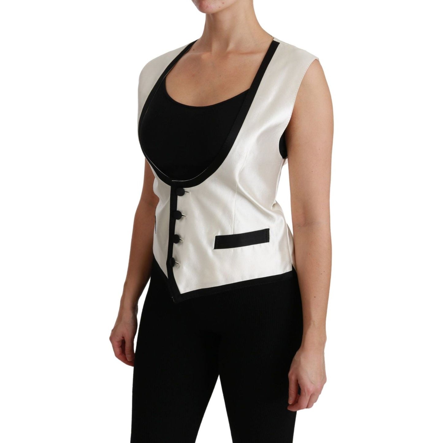 Dolce & Gabbana White Waistcoat Slim Vest Silk Top