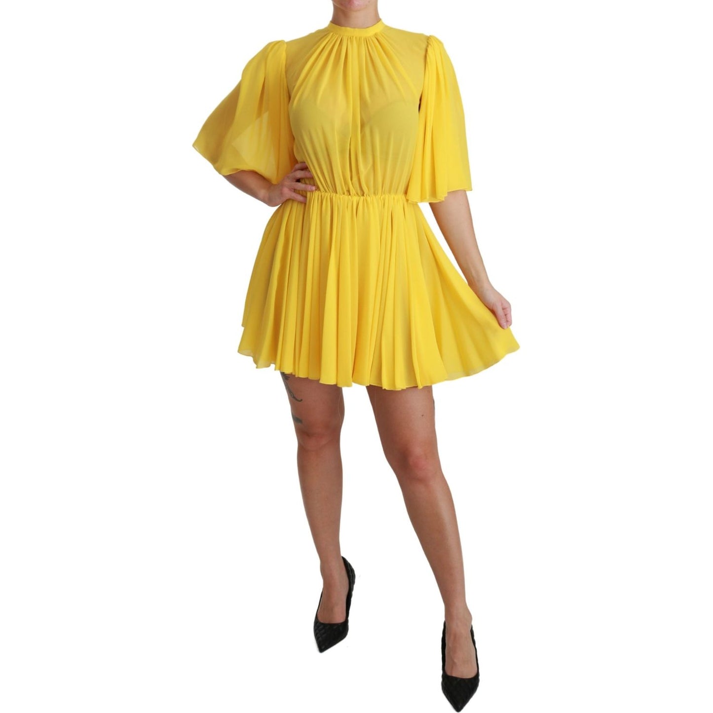 Dolce & Gabbana Yellow Pleated A-line Mini 100% Silk Dress DR2516-40