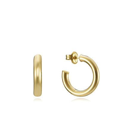 Gold hoop earrings in a polished finish, side and front view, on a white background.