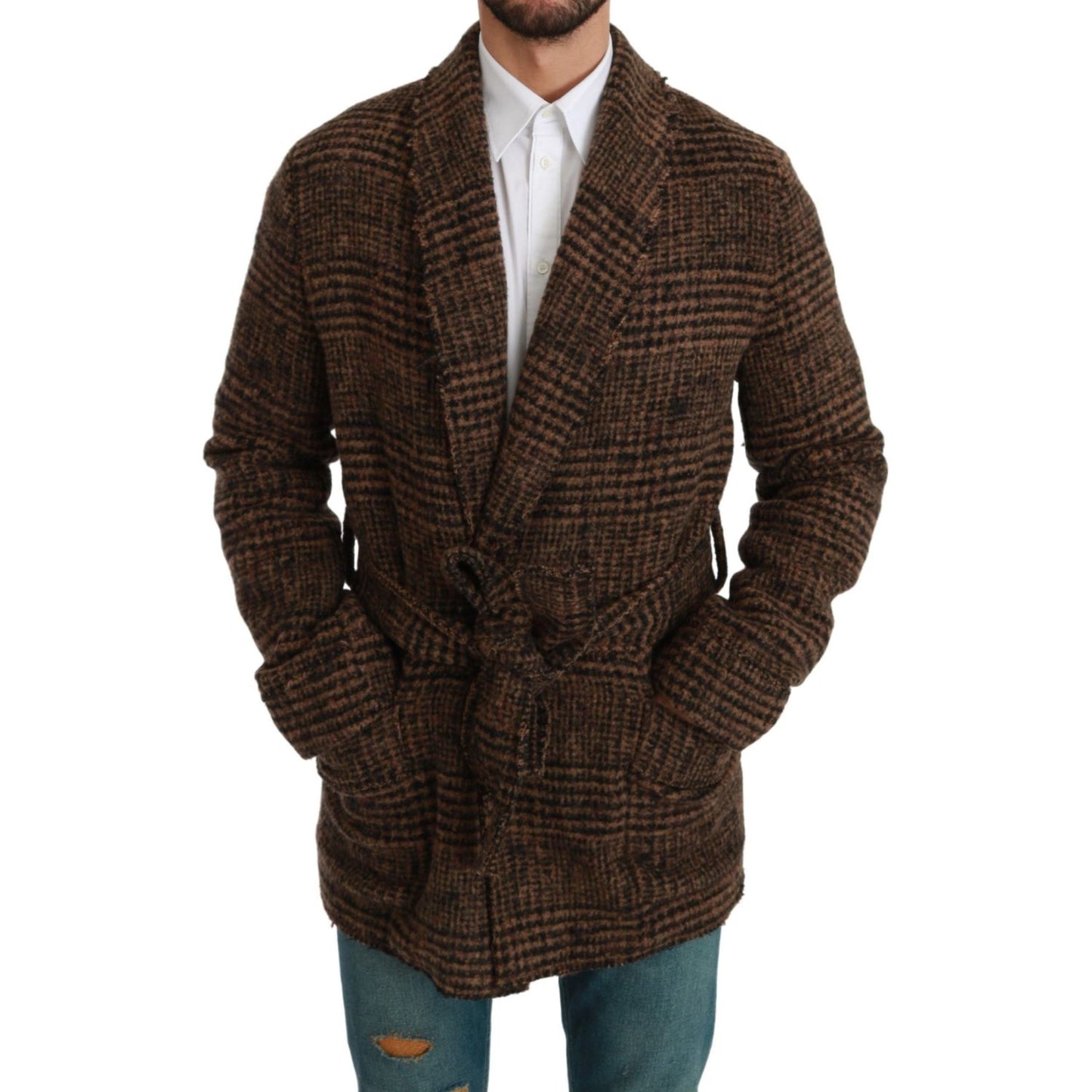 Dolce & Gabbana Brown Checkered Wool Robe Coat Wrap Jacket Coats & Jackets