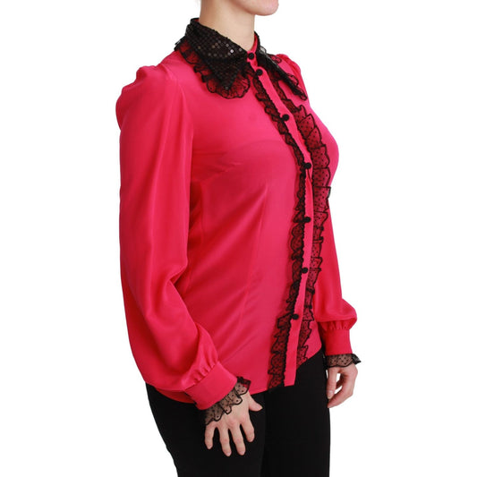 Dolce & Gabbana Pink Silk Black Sequin Lace Shirt Blouse TSH2673-40