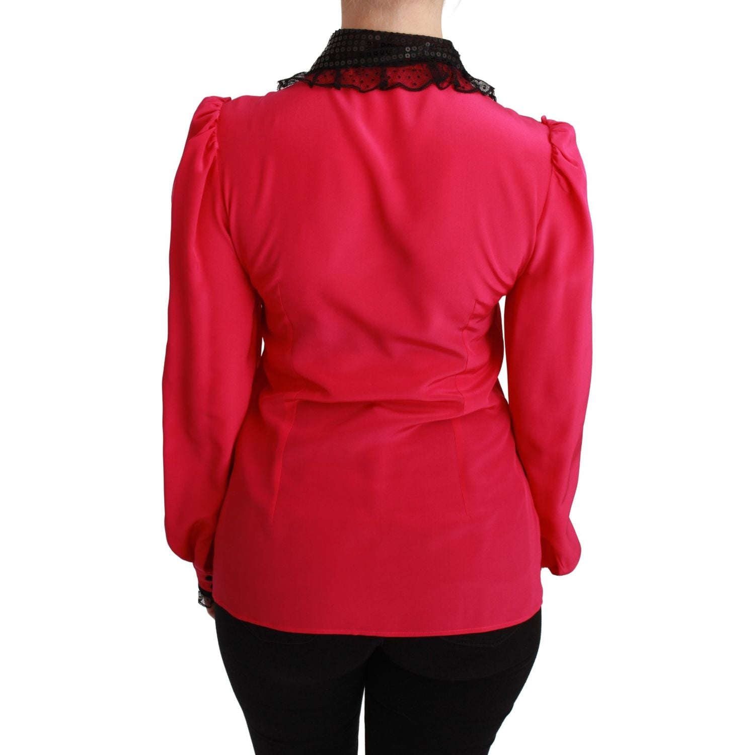 Dolce & Gabbana Pink Silk Black Sequin Lace Shirt Blouse