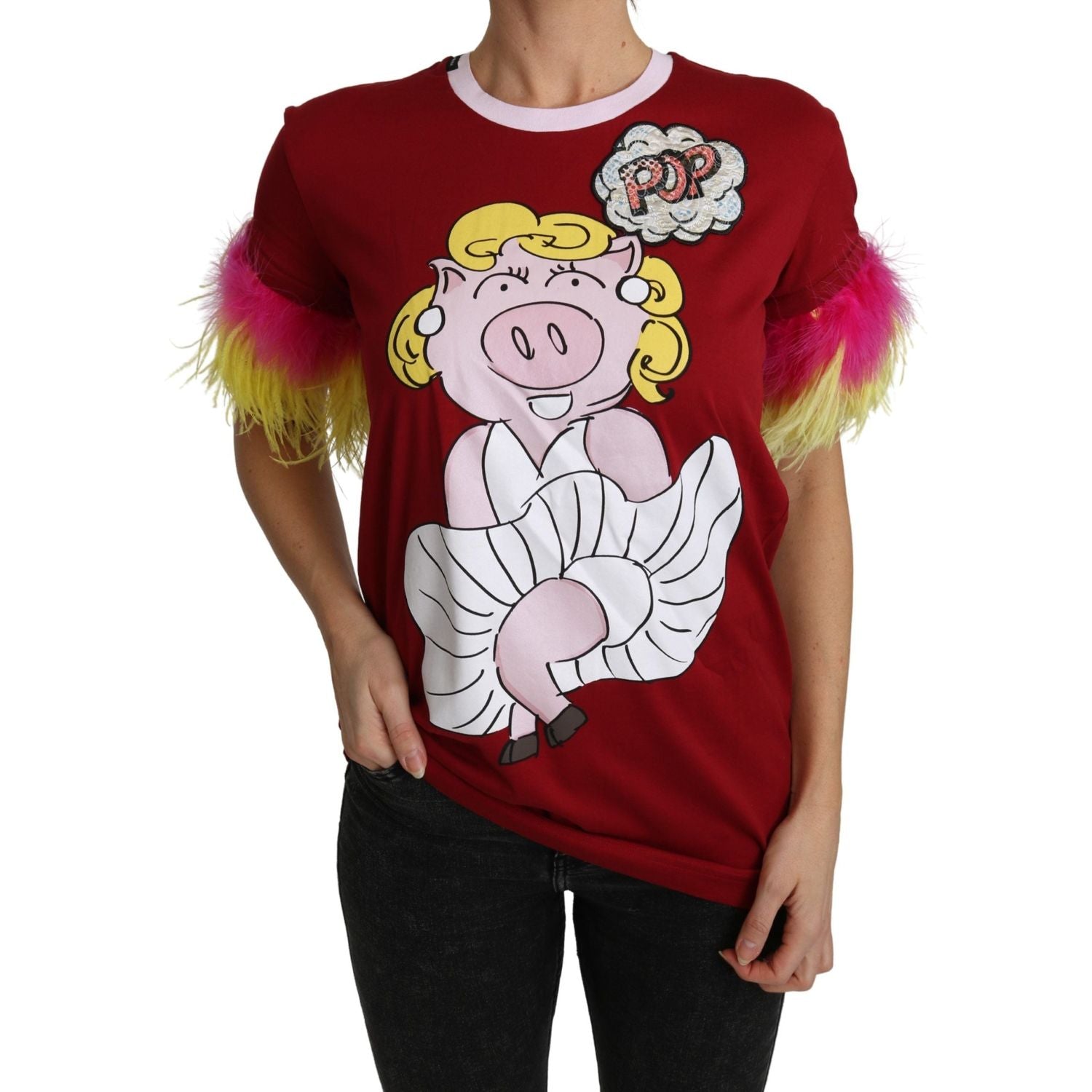 تي شيرت Dolce &amp; Gabbana Chic Red Pig Print بفتحة رقبة دائرية