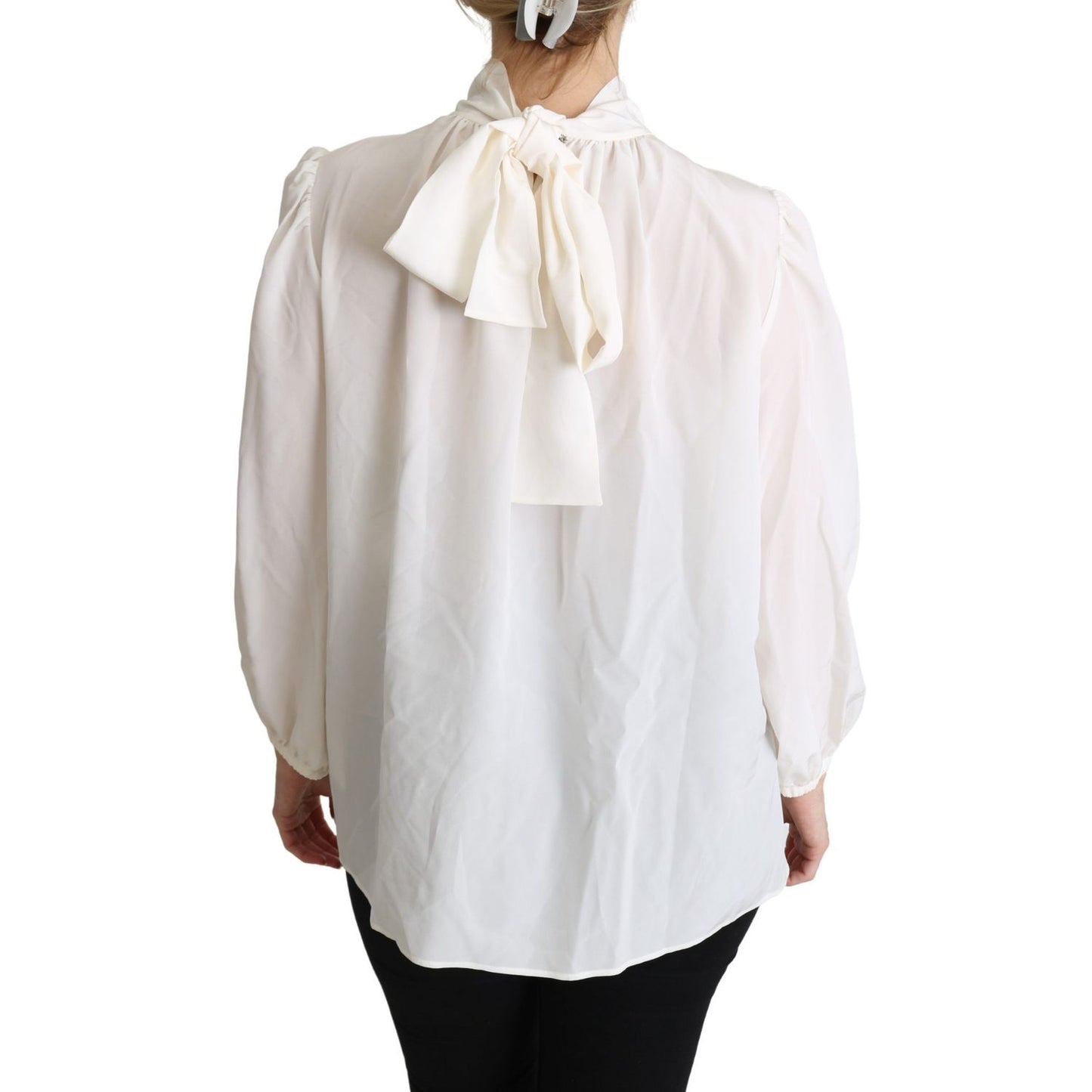 Dolce & Gabbana White Silk Pussy Bow Long Sleeved Top Blouse