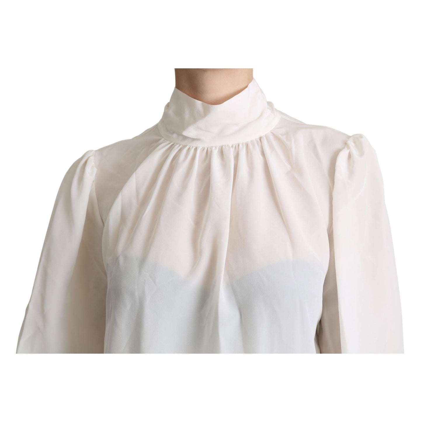 Dolce & Gabbana White Silk Pussy Bow Long Sleeved Top Blouse