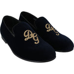 Dolce & Gabbana Blue Velvet Gold Logo Slipper Loafers Shoes