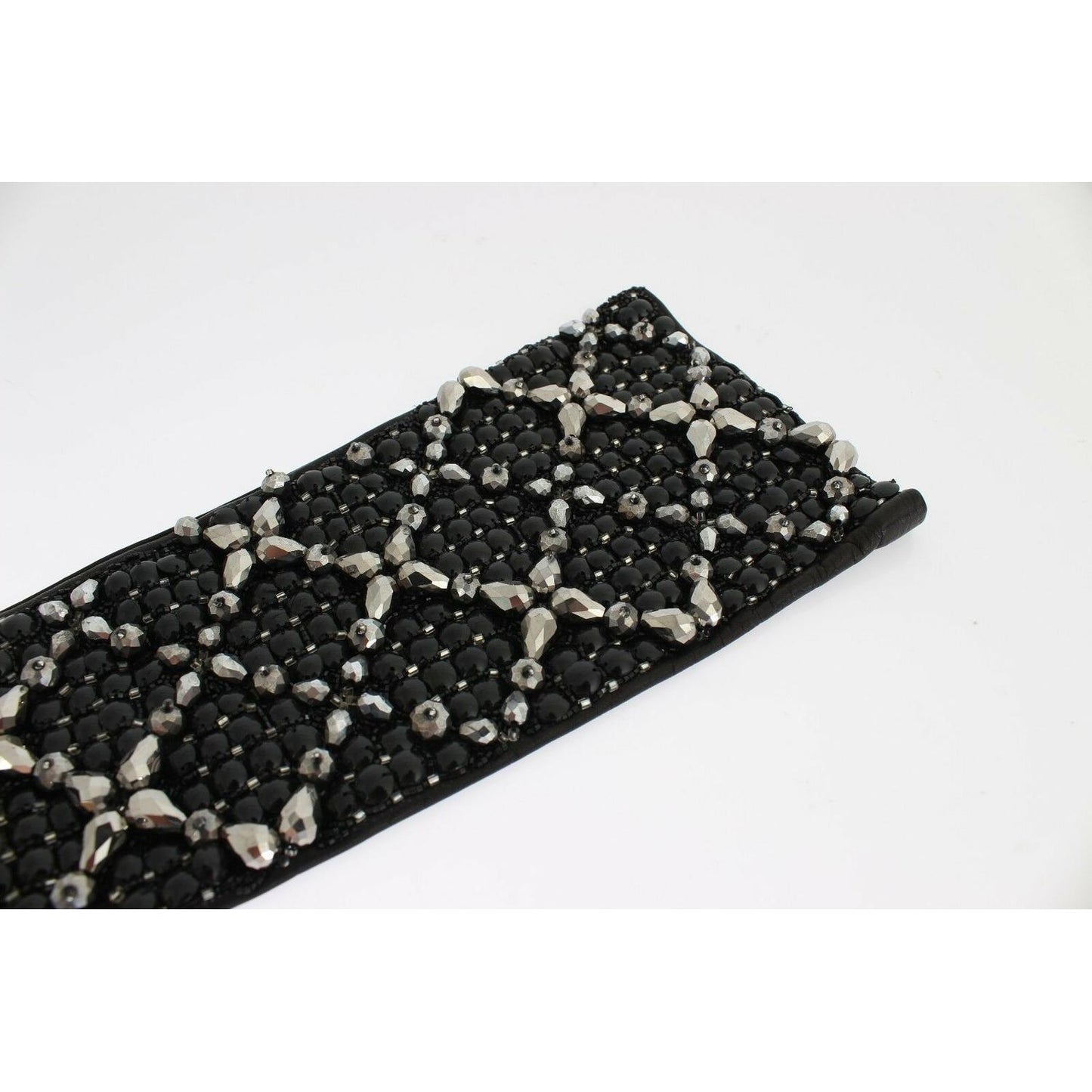 Dolce & Gabbana Black Leather Crystal Beaded Finger Free Gloves
