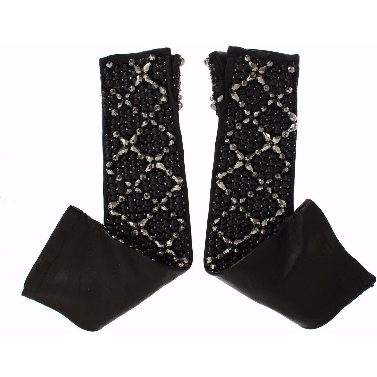 Dolce & Gabbana Black Leather Crystal Beaded Finger Free Gloves