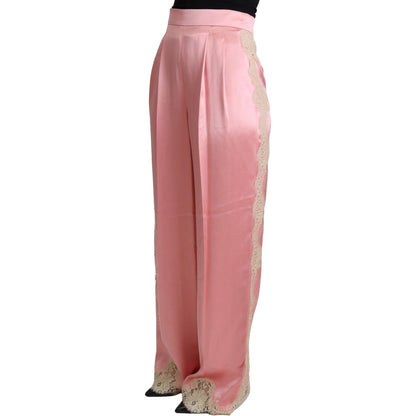 Dolce & Gabbana Pink Lace Trimmed Silk Satin Wide Legs Pants