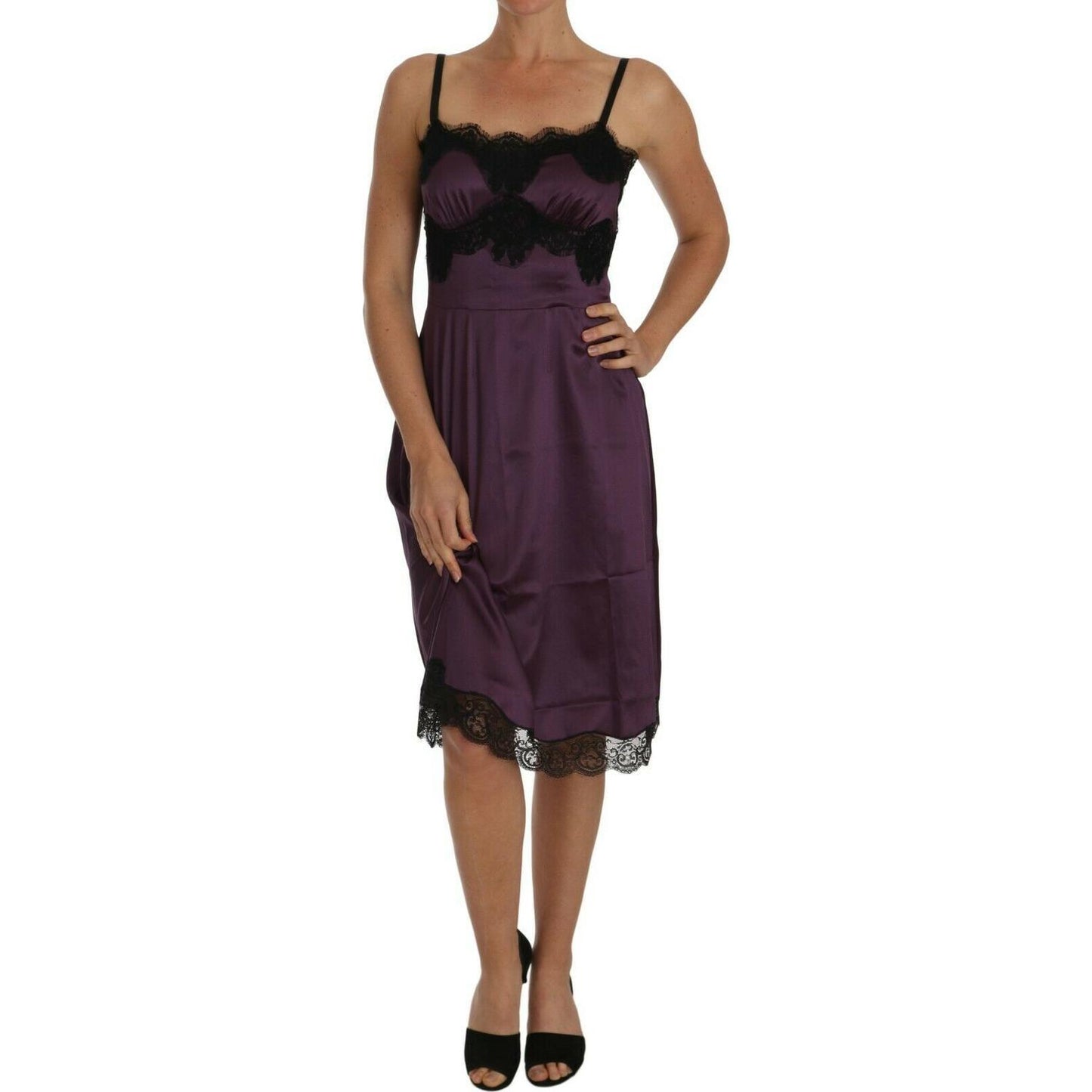 Dolce & Gabbana Purple Silk Stretch Black Lace A-Line Dress
