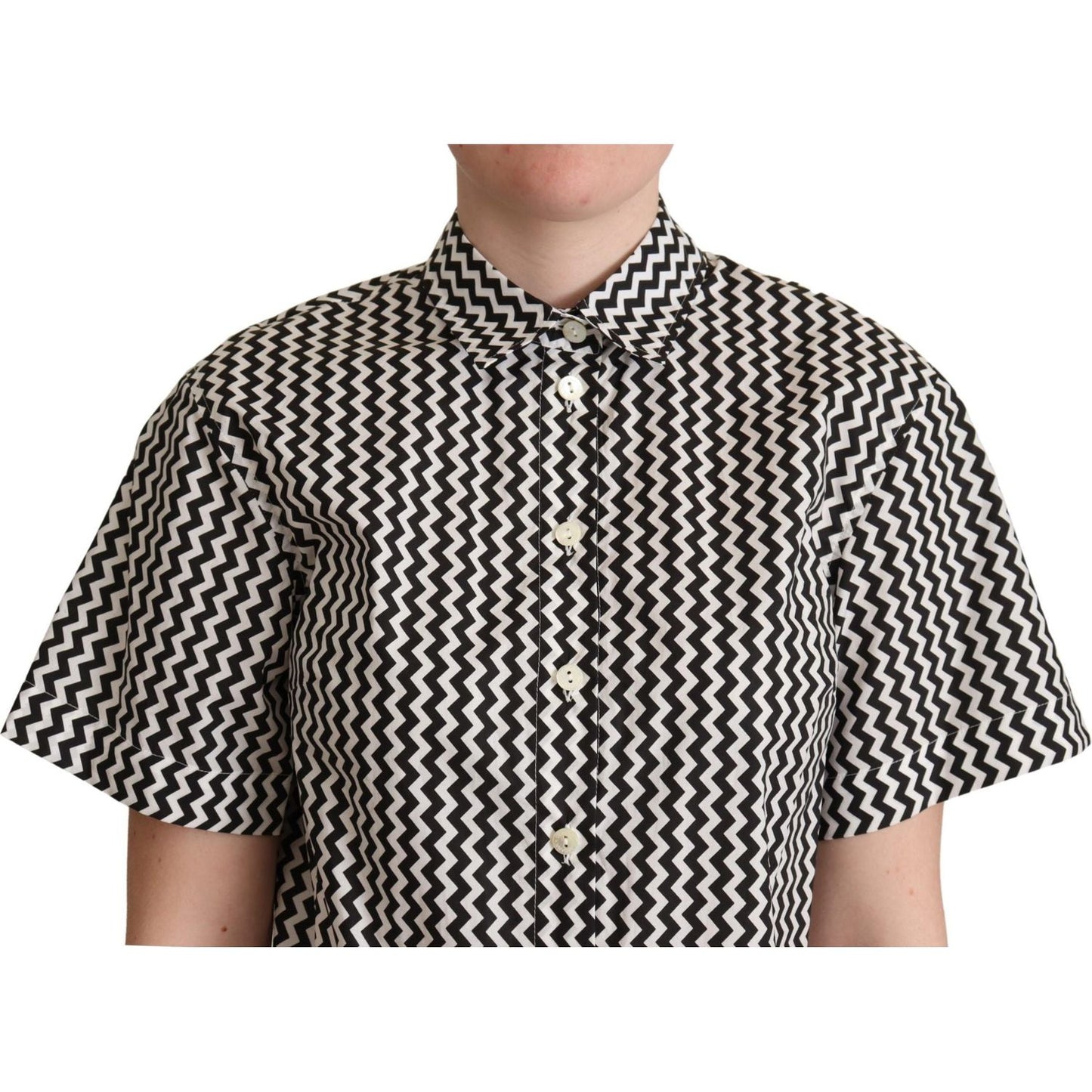 Dolce & Gabbana Black White Zigzag Collar Cotton Top Shirt Blouse Top