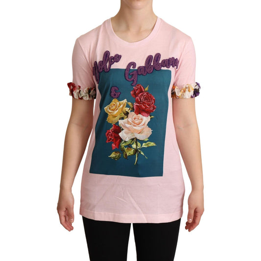Dolce & Gabbana Pink Cotton Floral Roses Crewneck T-shirt TSH6307-36