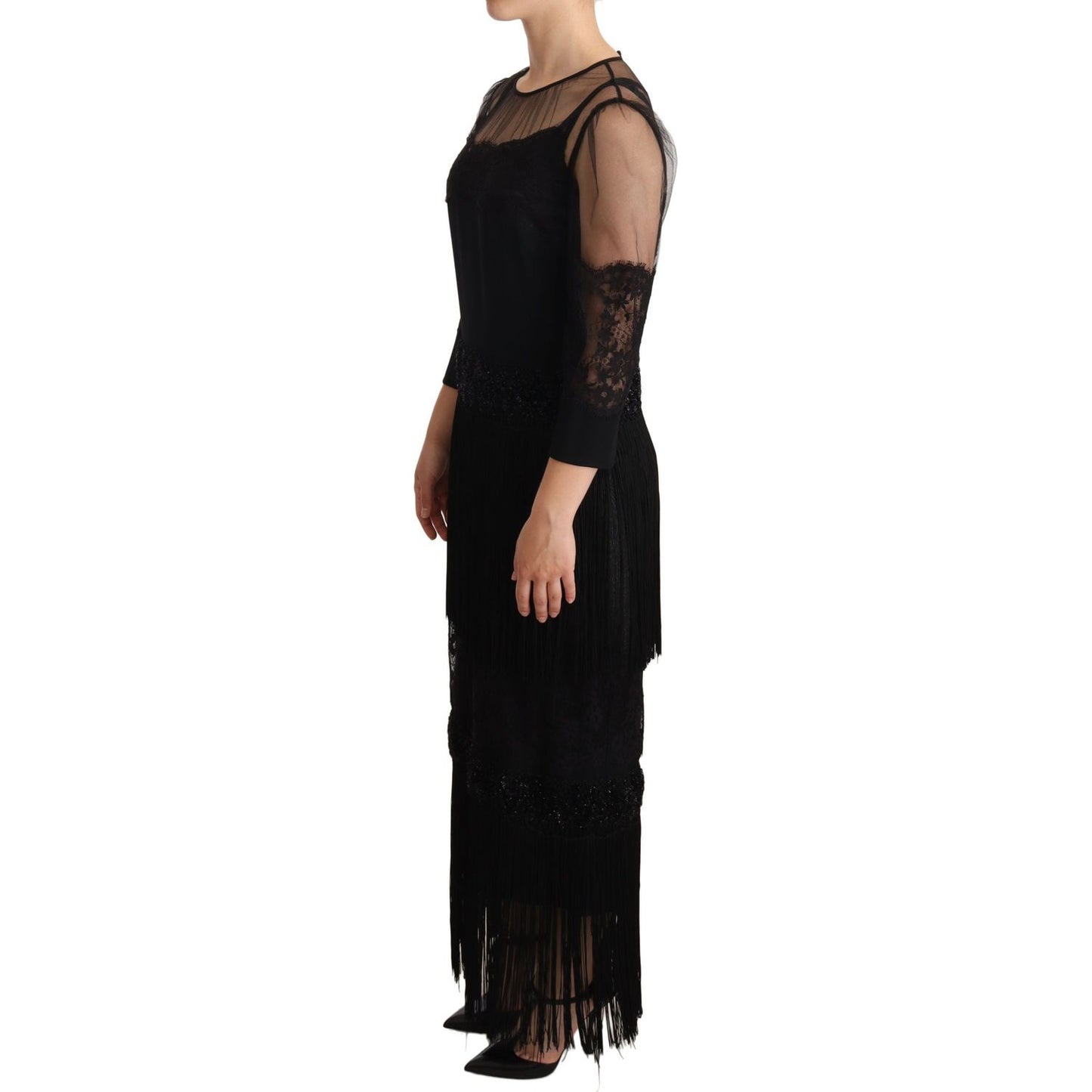 Dolce & Gabbana Black Sheer Floral Lace Crystal Maxi Dress WOMAN DRESSES