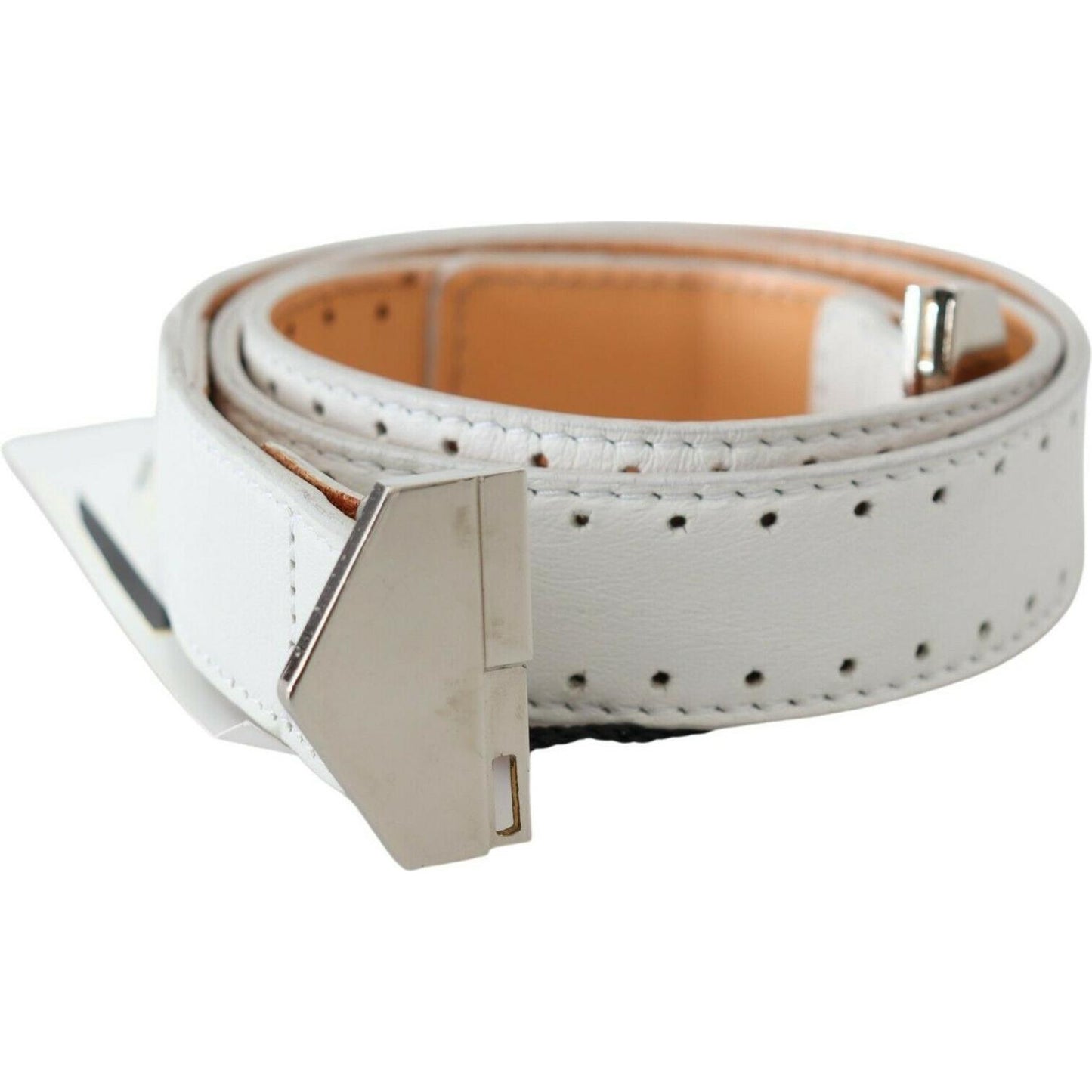 GF Ferre White Leather Hexagon Logo Buckle Waist Belt