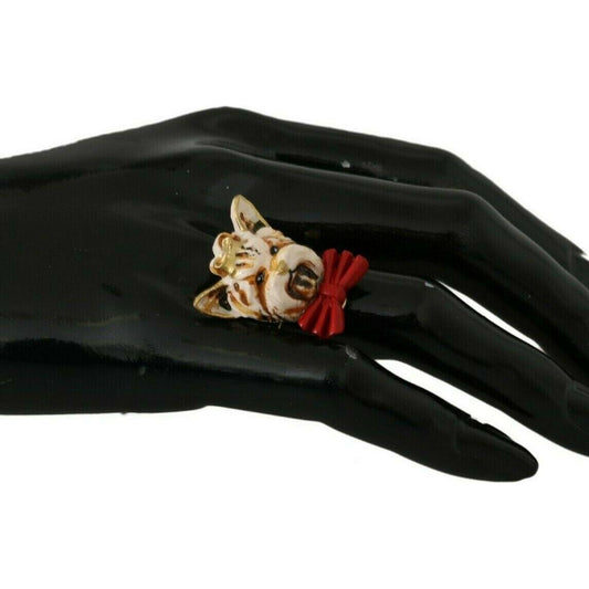 Dolce & Gabbana Gold Brass Resin Beige Dog Pet Branded Accessory Ring SMY2256- 50