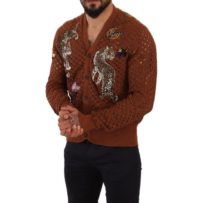 Dolce & Gabbana Brown Leopard Butterfly Cardigan Sweater MAN SWEATERS