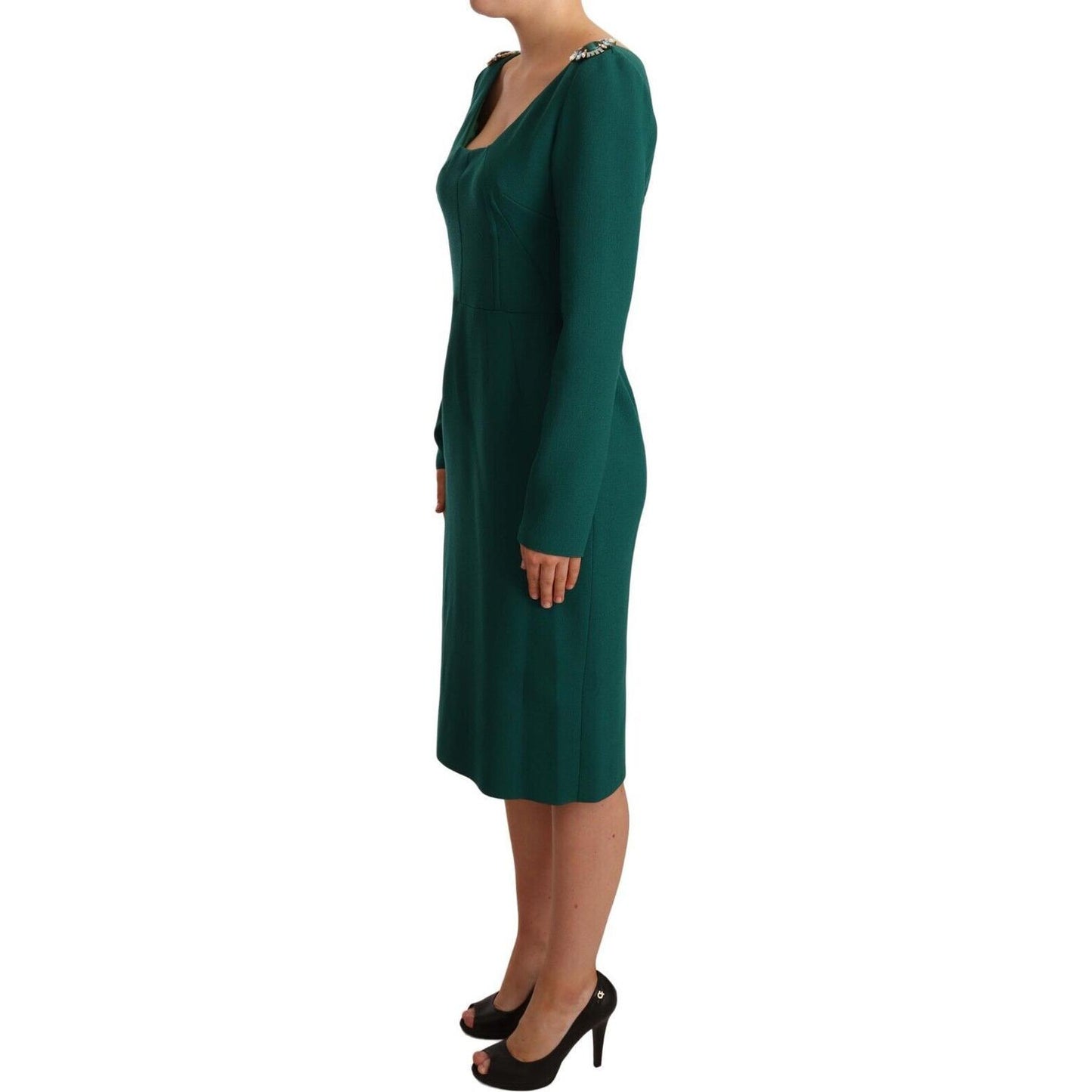 Dolce & Gabbana Green Stretch Crepe Crystal Midi Dress