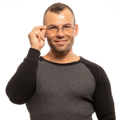 Man wearing Yohji Yamamoto Gray Metal Glasses (Frames), round rimless design with demo lenses and metal frame, dressed in grey sweater.