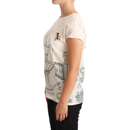 Dolce & Gabbana White Silk Garden Fountain T-Shirt Blouse Blouse Top